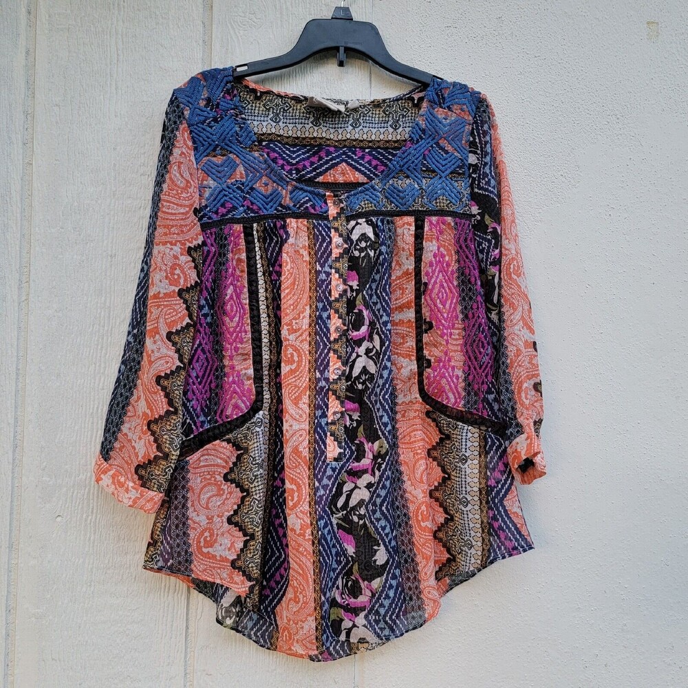 anthropologie vanessa Virginia multiclrd embroidered button dwn sheer top sz 4